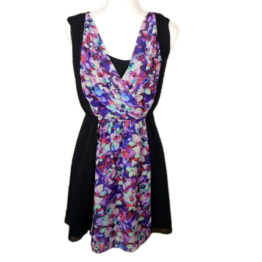 Express Purple Black Floral Tie Waist Sleeveless Cocktail Party - Main Image